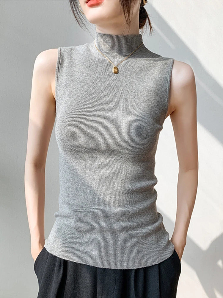 Sexy Summer Turtleneck Tank Tops Women Ribbed Sleeveless Solid Slim Top Female Sleveless Camisole Vest Casual Knitted Camis 2025