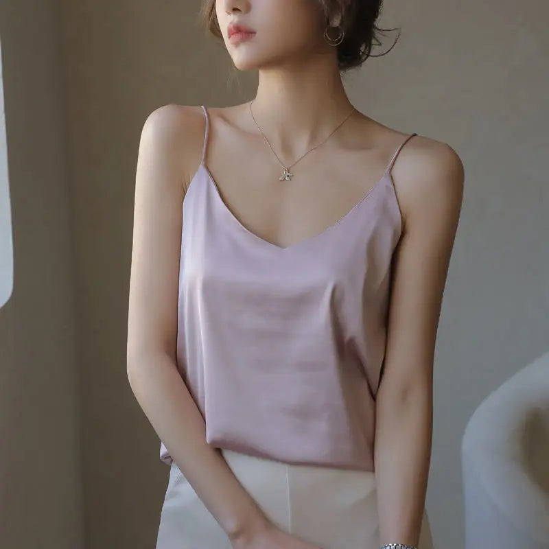 Spaghetti Strap Top Women Halter V Neck Basic White Cami Sleeveless Satin Silk 2025 Tank Tops Women'S Summer Camisole