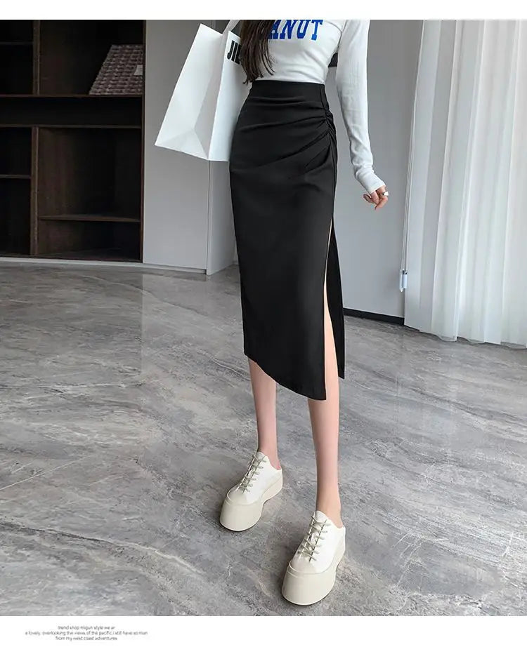 Slit Pleated Skirt for Women 2025 Summer New High-waist Slim Mid-length Versatile A-line Skirt