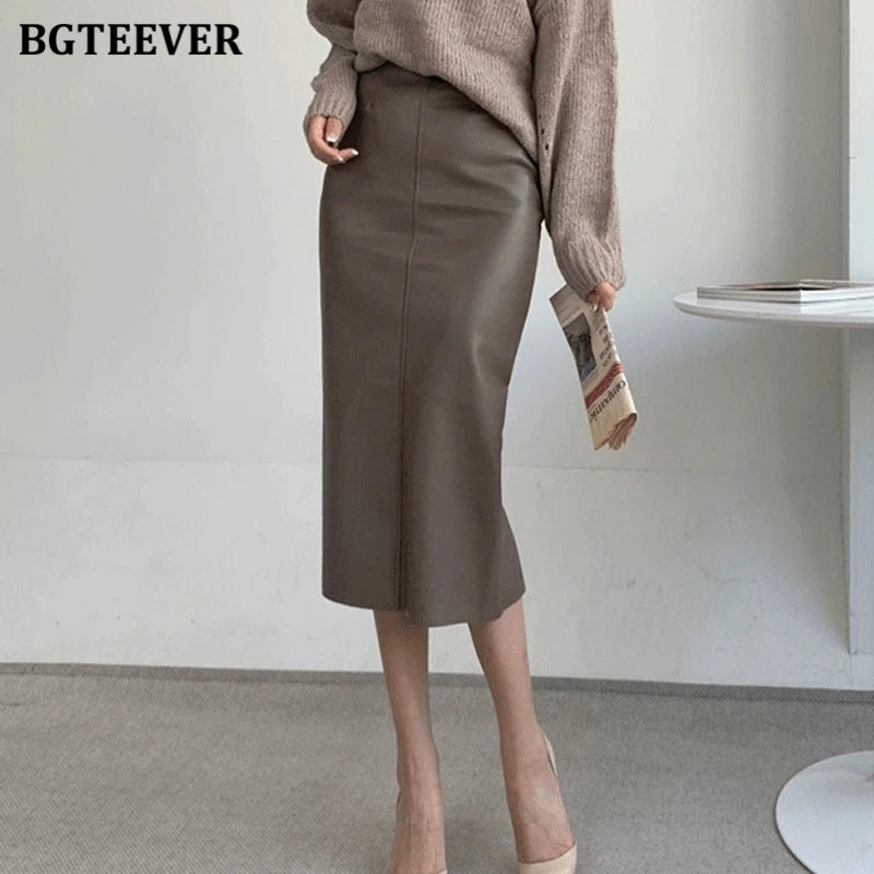 BGTEEVER Stylish Package Hip PU Leather Skirts for Women Autumn Elegant High Waist Slim Split Ladies Pencil Skirts