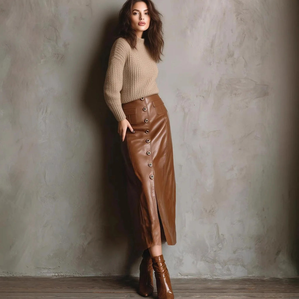 New Autumn And Winter PU Leather Women's Skirt Sexy Button Slit Slim High Waist Long Hip Cover Skirt Casual Womens Clothing