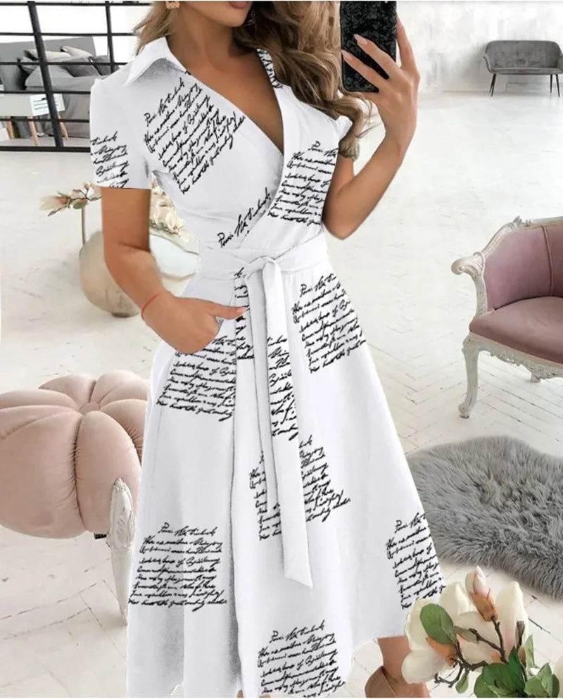 Women's Spring/Summer Fashion Long sleeved V-neck Printed Wrapped Hip Dress Women's loose and versatile temperament  personality