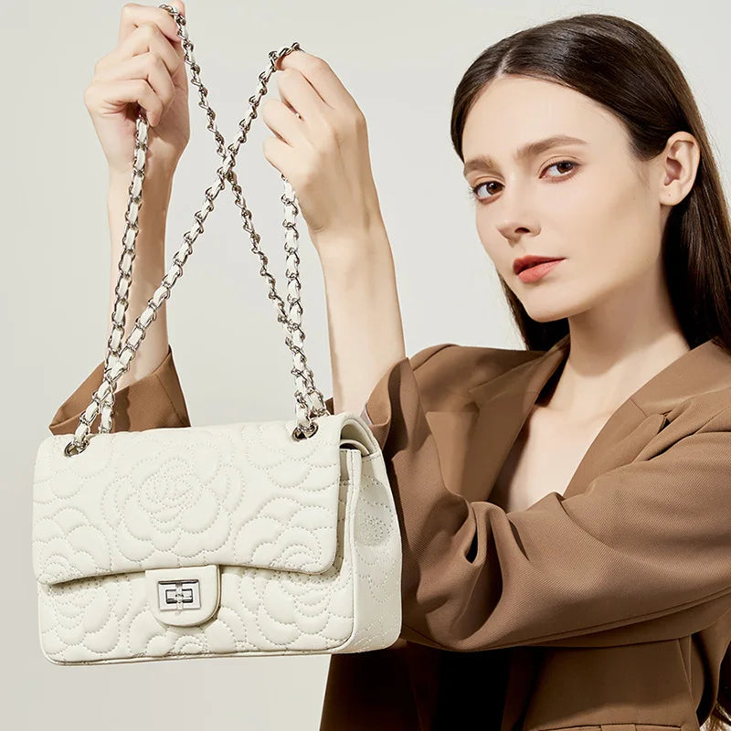 New Vintage Style Small Square Leather Bag Tea Flower Pattern Top Layer Sheep Skin Feel Chain Crossbody Bag for Women