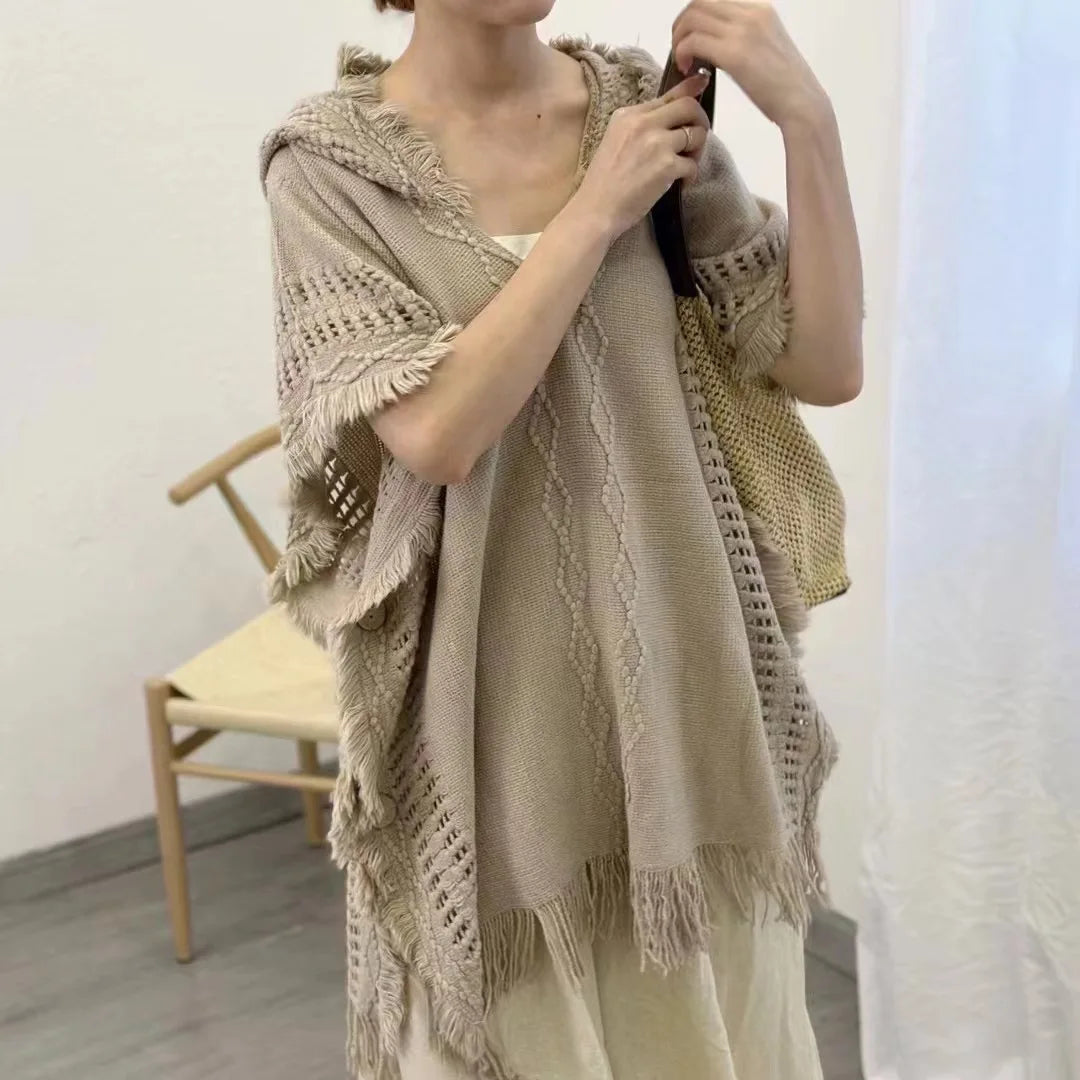 Hooded Crochet Cloak Poncho Shawl - Boho Chic Fringed Knit Wrap for Women, Spring-Autumn Versatile Outerwear