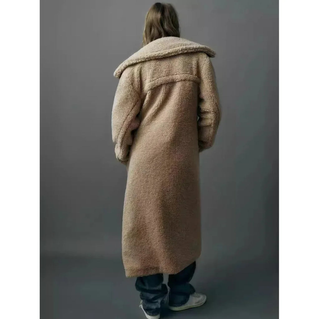Over-Knee Fleece-Lined Casual Lapel Coat Double-Button Decoration Loose Women's Outerwear Versatile Beige New Year's Quality Sty