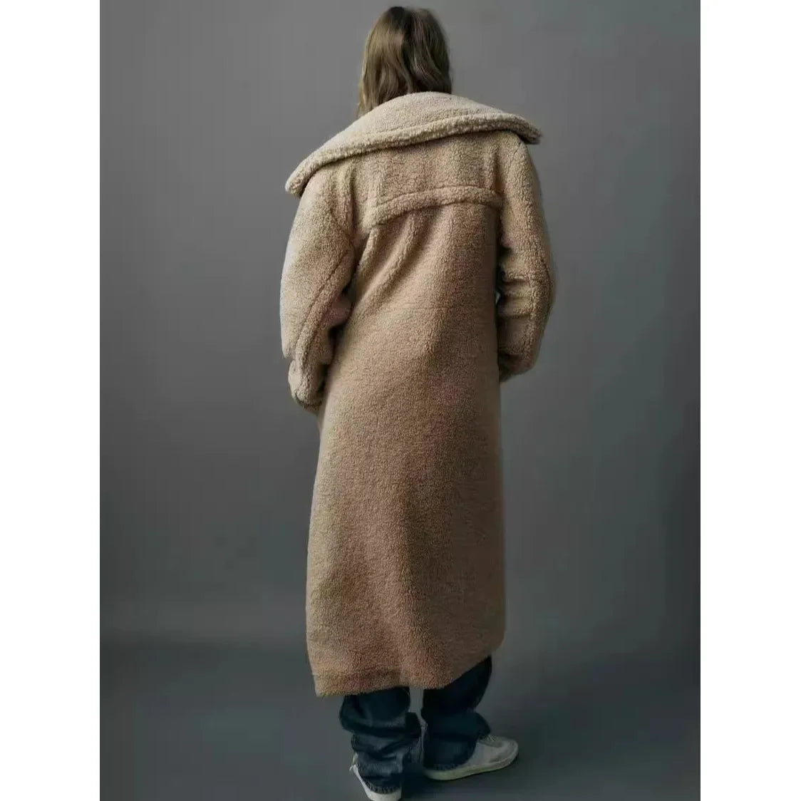 Over-Knee Fleece-Lined Casual Lapel Coat Double-Button Decoration Loose Women's Outerwear Versatile Beige New Year's Quality Sty