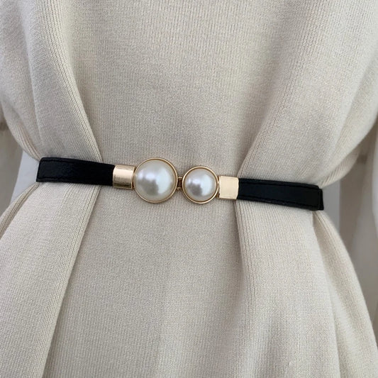 Elegant Double Pearls Buckle Elastic Women Belts Thin Straps Lady Girl Dress Skirt Decor Waistbands Trouser Decoration GM113