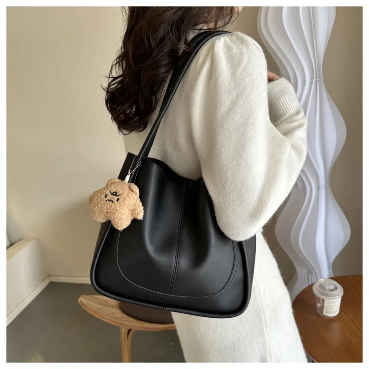 Women's Retro Tote - High-Quality Solid Color, Minimalist Large-Capacity Commuter Handheld/Single-Shoulder
