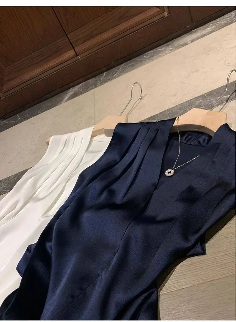 2025 New Summer Satin Tank Top Women's Blouses Sleeveless Solid Cross V-neck Casual Korean Elegant Vest Shirts for Womens