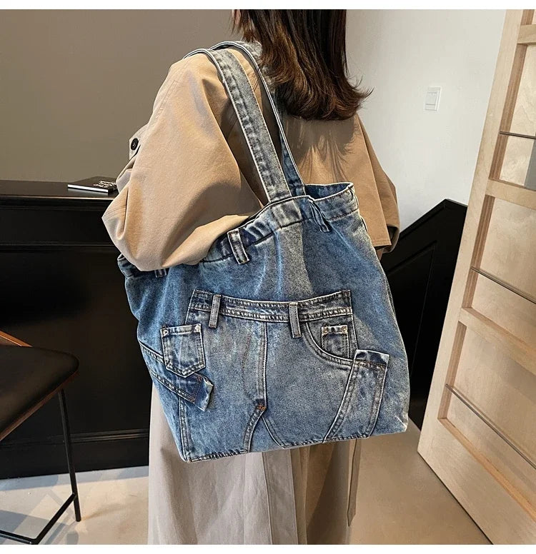2025 Spring New Hot Sale Denim Tote Bags Solid Large Capacity Personality Retro Durable Commute Style Shoulder Bags for Women