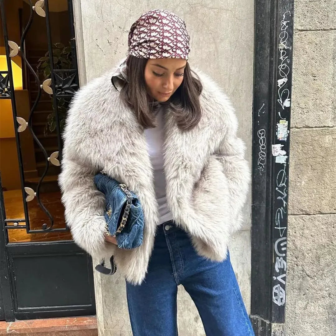 Women's 2025 New Large Lapel Thickened Coat Artificial Fur Effect Temperament Elegant Warm Jacket