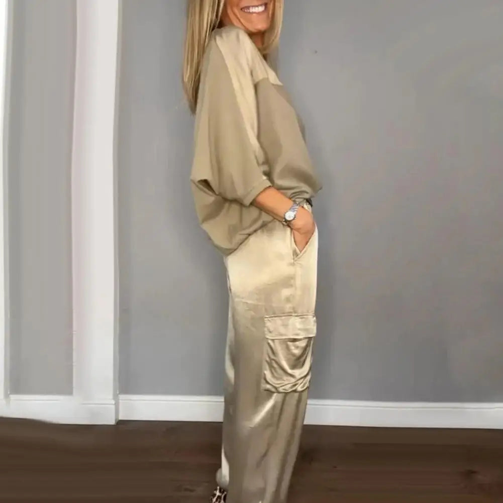 2 Pcs/Set Women Top Pants Set O Neck Satin Three Quarter Sleeves Loose Blouse Trousers Set Lace-up Waist Soft Casual Solid Color