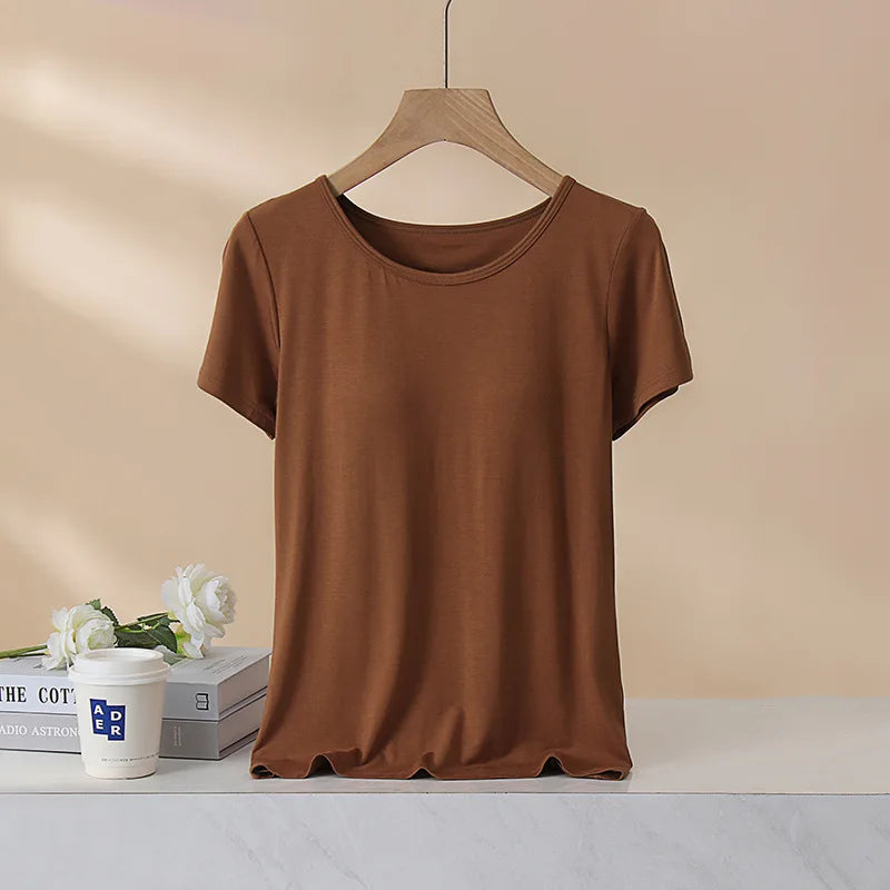 Women's T-Shirt with Chest Pad Tops  One-Piece Bra Cup Slim T Shirt Female Summer Top Bottoming Shirts Home Wear Women Pajamas