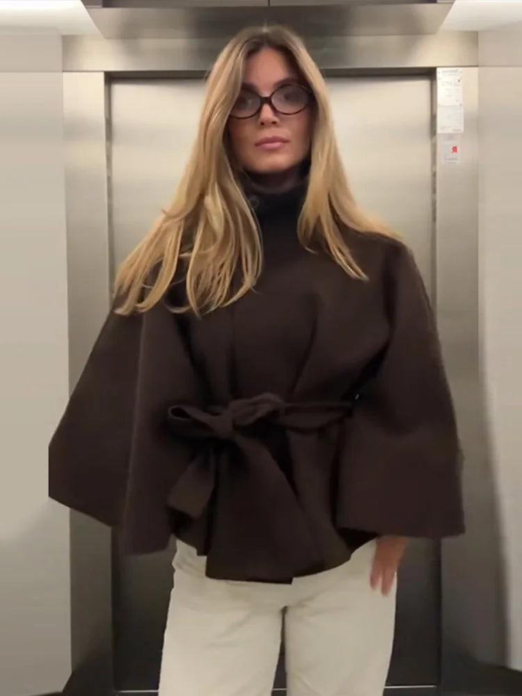 Elegant Lace Up Loose Fit Cape Coat Women's Autumn Winter Oversized High Neck Belted Wrap Jacket Fashion Warm Outerwear Outfit