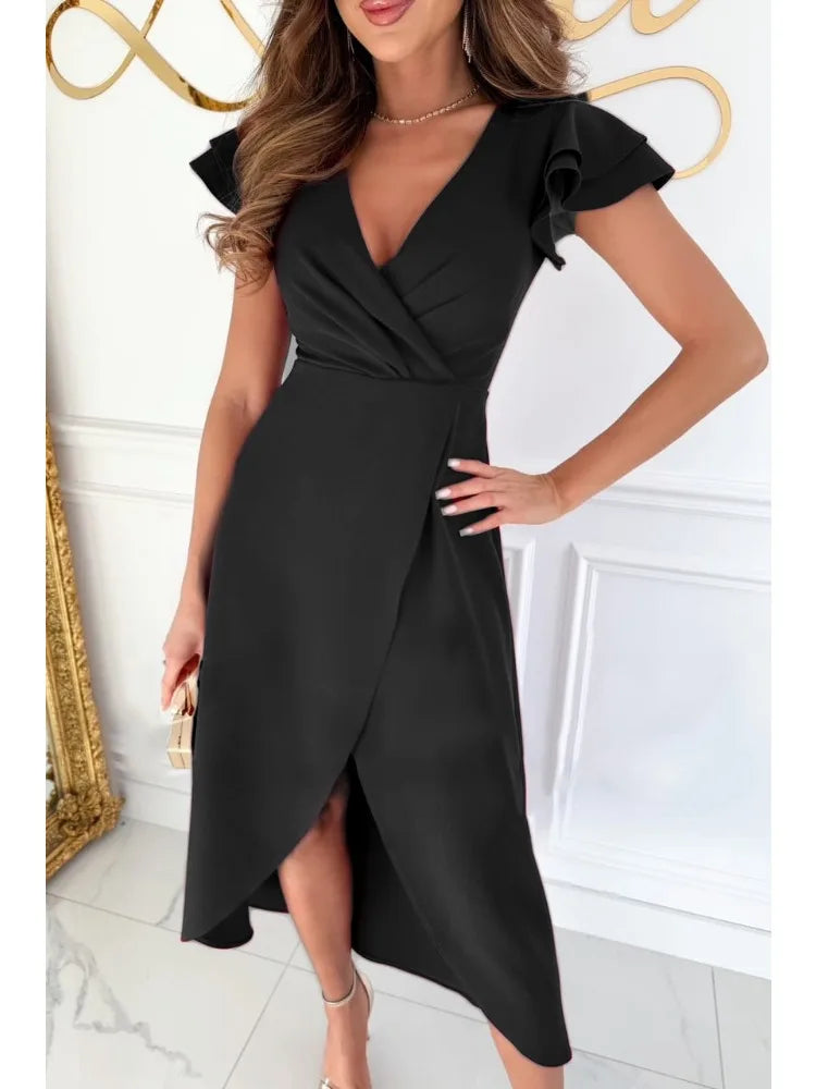 Women's Solid Color Dress Sexy Deep V Neck Short Sleeve Bodycon Package Hips Party Dresses Female Fashion Casual Dress