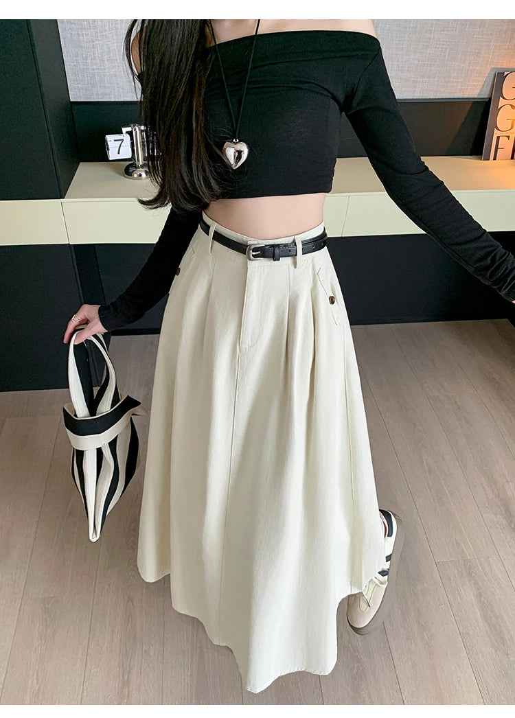 Seoulish Denim Skirts for Women 2024 Spring Summer New High Waist A-line Large Hem Office Lady Umbrella Skirt Pleated Long Skirt