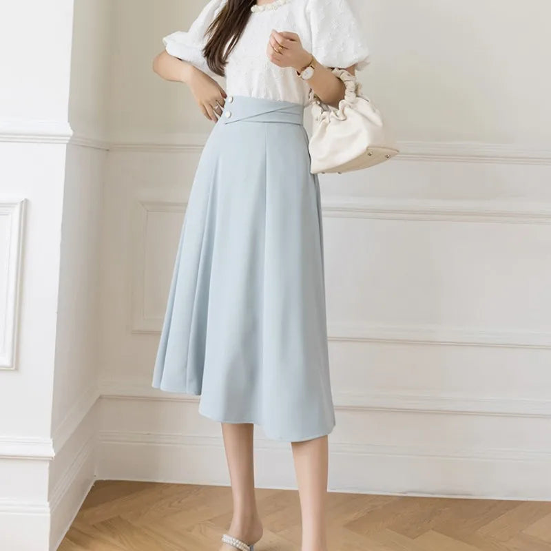 Women's Skirts High Waist Sweet Girl's Mid-calf Skirt Solid Skirts for Women Vintage Long Fashion 2023 Kawaii Summer Women Skirt