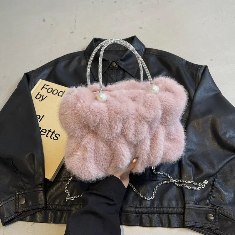 Soft Plush Evening Bags For Elegant Women Fur Dinner Party Clutch Chain Crossbody Winter Warm Luxury Designer Handbags