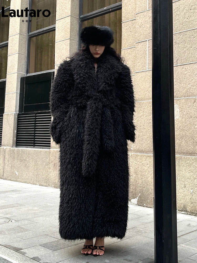 Lautaro Winter Extra Long Soft Thick Warm Fluffy Black Fuzzy Shaggy Hairy Faux Fur Coat Women Sashes Luxury Furry Overcoat 2023
