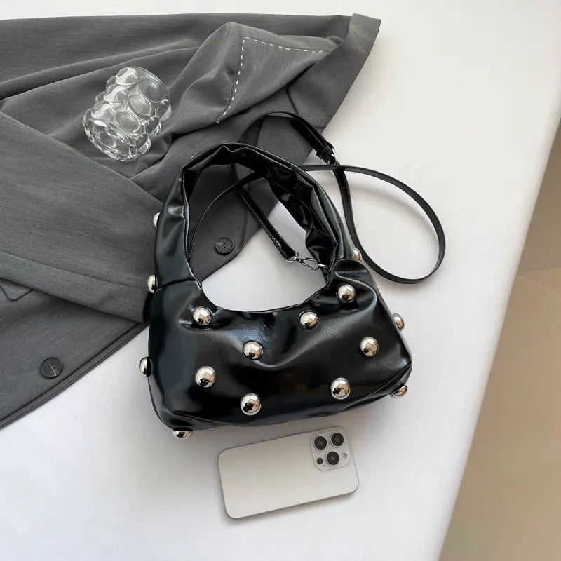 Black Half Moon Underarm Bag For Women Luxury Studded Beading Handbags Red Purse Solid Color Pu Leather Shoulder Crossbody Bags