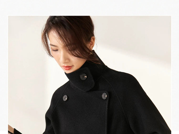 SENTUBILA Women's Long Woolen Overcoats 2025 Winter Outerwear Elegant Turtleneck Warm Double Breasted Belt Wrap Coat W24O42064