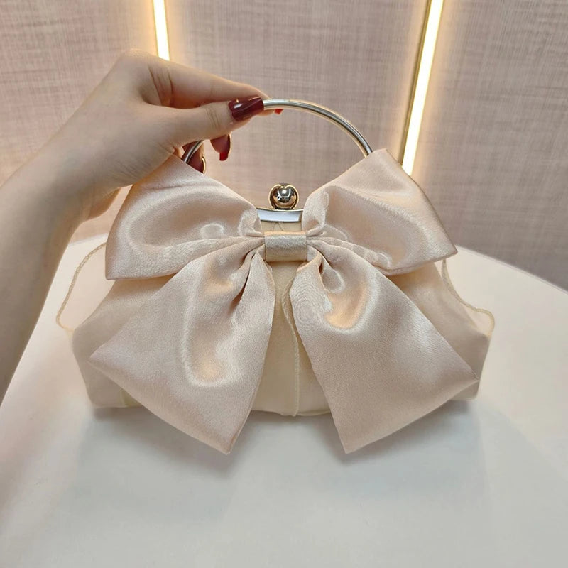 Elegant Sweet Satin Bow Handbag Ladies Evening Clutch Bag Fashion Chain Shoulder Bag For Women Wedding Party Bridal Clutches Bag