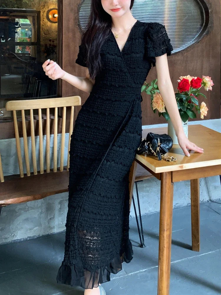 Women Elegant Bodycon Dress Summer Sexy V-neck Short Sleeve Korean Long Dresses Ladies Vintage Solid White Black Long Robe
