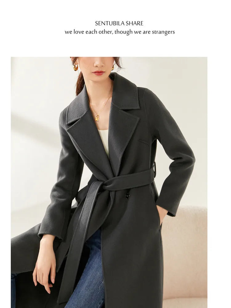 SENTUBILA Women 100% Wool Long Wrap Coat 2025 Elegant Notched Collar Belted Warm Double Faced Woolen Winter Overcoat W24O43352