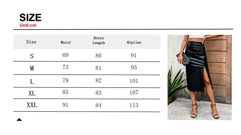 Women PU Leather Black Midi Skirt Autumn Winter Ladies Package Hip Slit Pencil Midi Skirt High Waist Korean Nightclub Streetwear