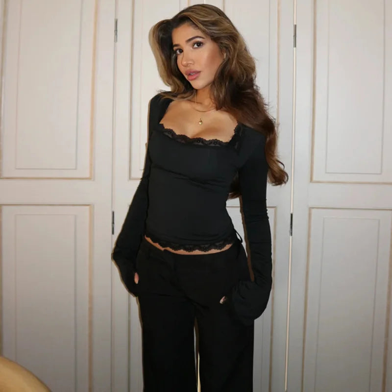 FDYOUI Lace Patchwork Long Sleeve T-shirts Streetwear Y2K Woman Clothes Casual Fashion Square Collar Slim Pink Tee Shirt Tops