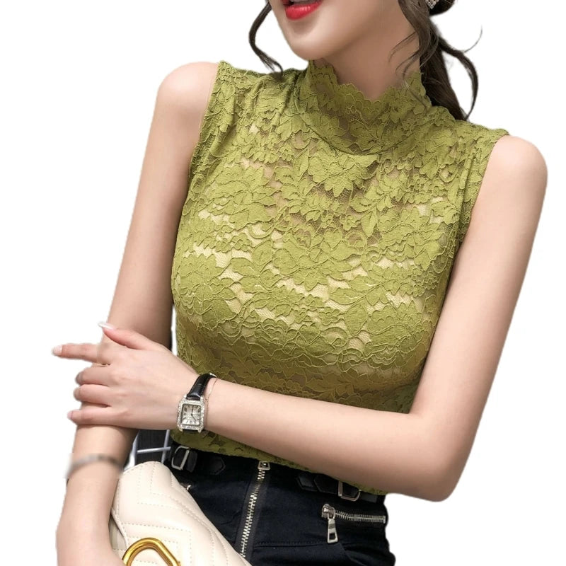Women Lace Tunic for Tank Bottoming Tops Sleeveless High Turtleneck Fitted for Tank Top Sleeveless Mock Dropship