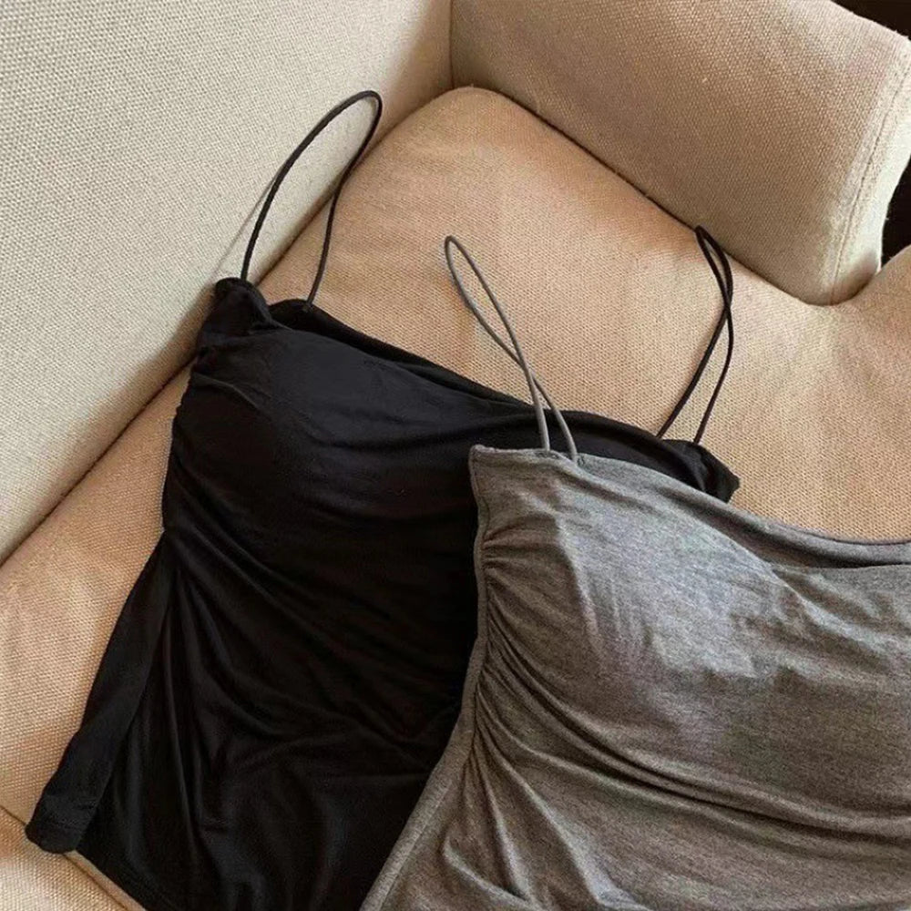 Sleeveless Tees Tank Tops For Women Camisole Vest Cropped Top Slim Fit Solid Color Spaghetti Strap Built In Bra Women Clothes