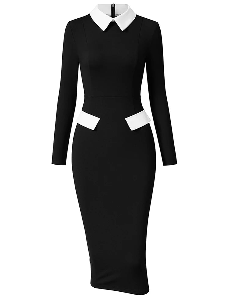 Elegant Fashion Women's Pencil Dress Polo Collar Design Professional Long Sleeved Solid Color Office Lady Dress