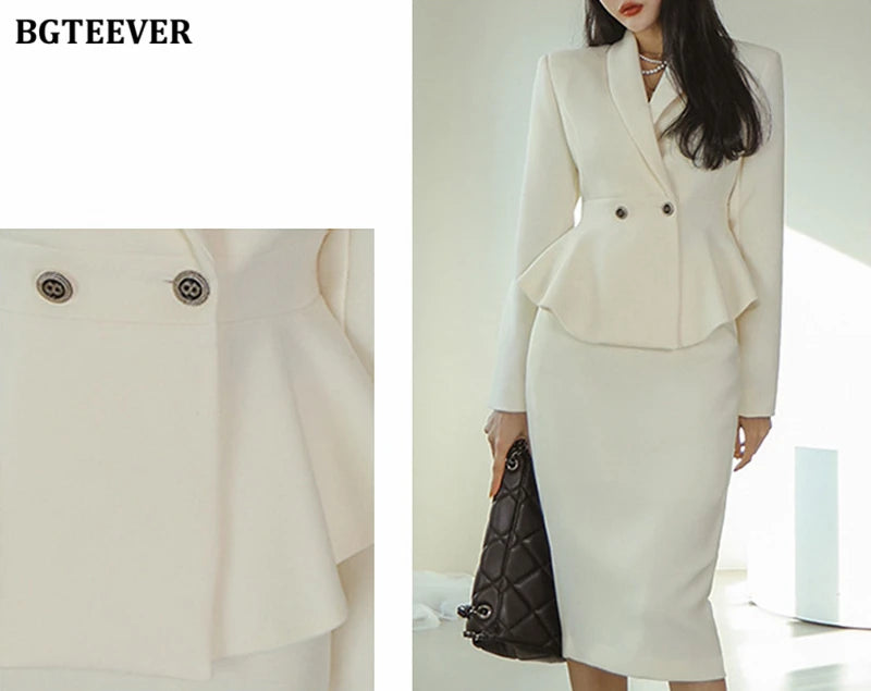BGTEEVER Elegant Ladies Skirt Suits Double Breasted Slim Waist Blazer & High Waist Package Hip Skirts Women 2 Pieces Set