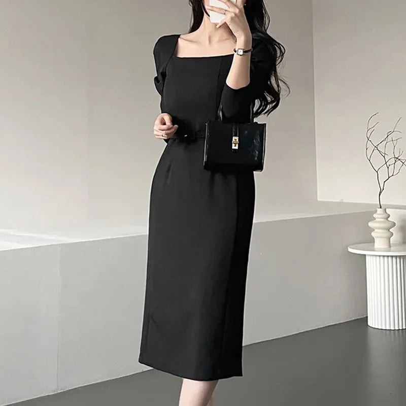 Elegant Autumn Office Lady Dresses 2025 ZANZEA Women Square Neck Long Sleeve Party Work Dress Midi Vestidos Solid Slim Fit Robe