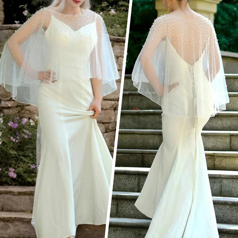 Fashion Wedding Dress Lace Shawl Pearl Short Cape French Elegance Evening Party Bridal Cover Up White Gauze Shoulder Decoration