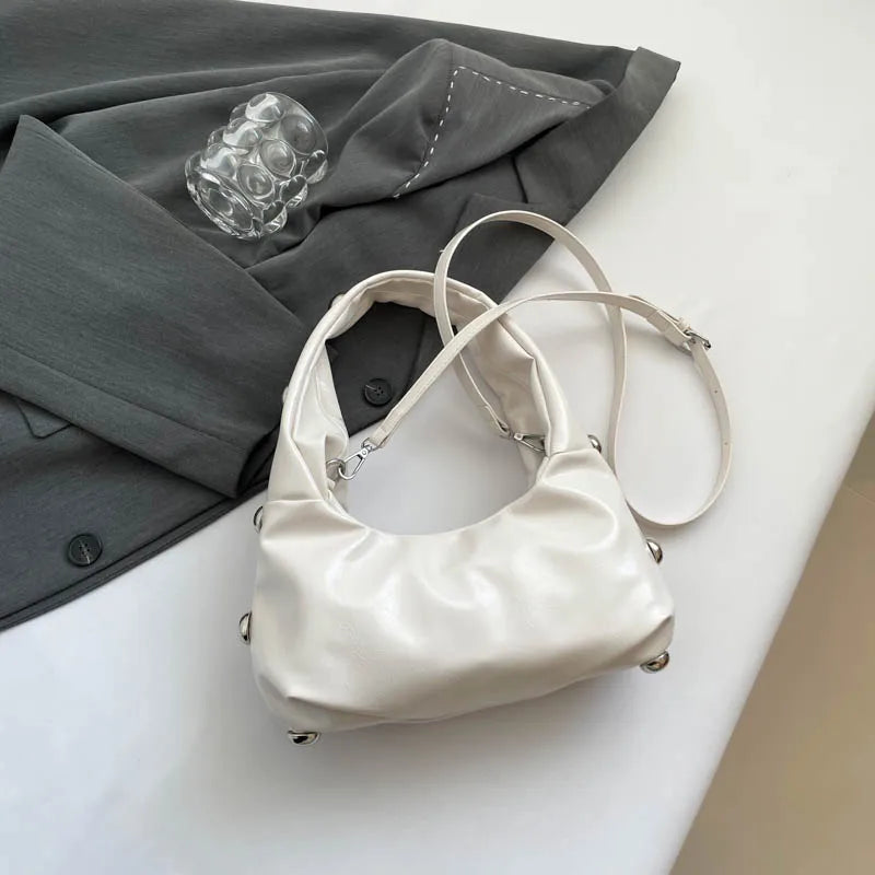 Black Half Moon Underarm Bag For Women Luxury Studded Beading Handbags Red Purse Solid Color Pu Leather Shoulder Crossbody Bags