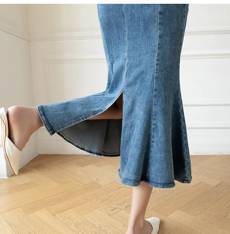 Elegant Casual Denim Jean Skirt for Women's High Waist Bodycon Ruffles Fishtail Skirts Fashion Trumpet Midi Length Skirts Female