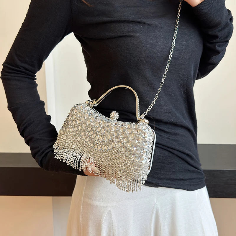 Gold Evening Clutch Bag For Women Luxury Diamond Party Purse Handbag Fashion Tassel Shoulder Crossbody Box Lipstick Bag Designer