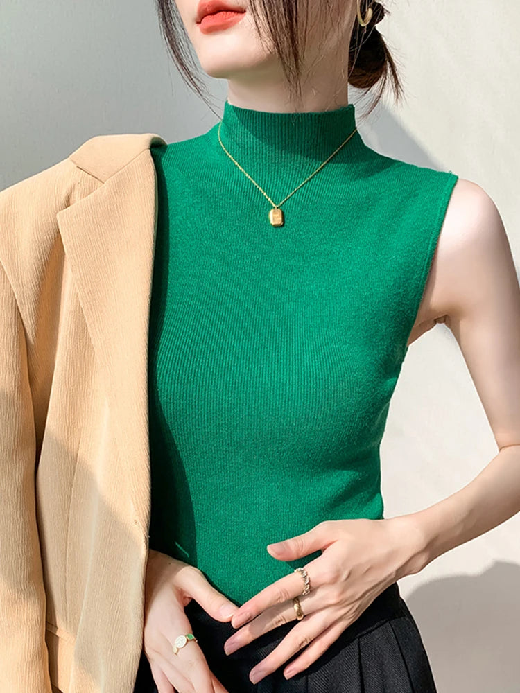 Sexy Summer Turtleneck Tank Tops Women Ribbed Sleeveless Solid Slim Top Female Sleveless Camisole Vest Casual Knitted Camis 2025