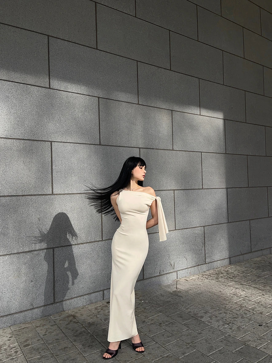 Women BODYCON  Sleeveless ONE-SHOULDER TIE RAW-CUT EDGES Sueded Stretch Knotted Maxi Dress