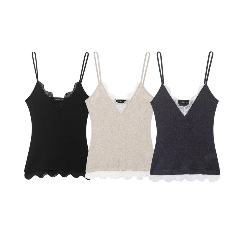 Women's Lace-Trim Cami Top, 3 Colors Available, V-Neck, Thin Straps, Sleeveless Casual Basic Tank