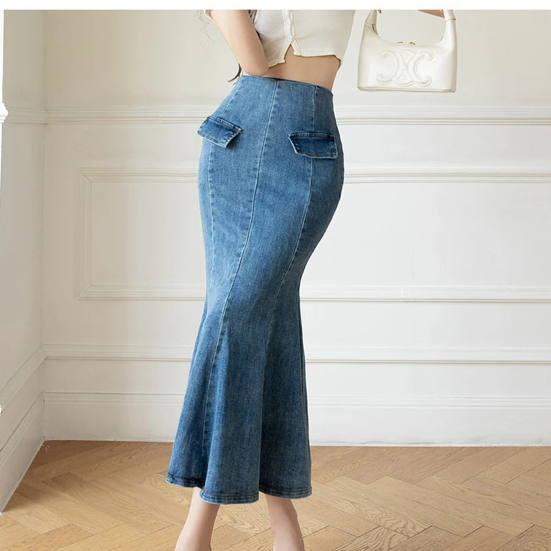 Elegant Casual Denim Jean Skirt for Women's High Waist Bodycon Ruffles Fishtail Skirts Fashion Trumpet Midi Length Skirts Female