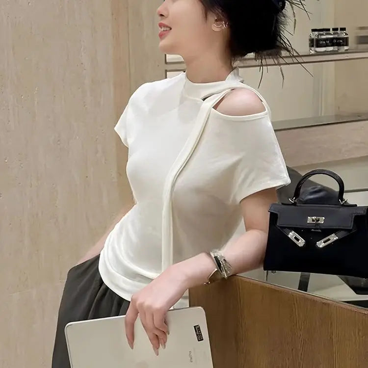 Off-shoulder White Short-sleeved T-shirt for Women 2025 New Summer Versatile Casual Top