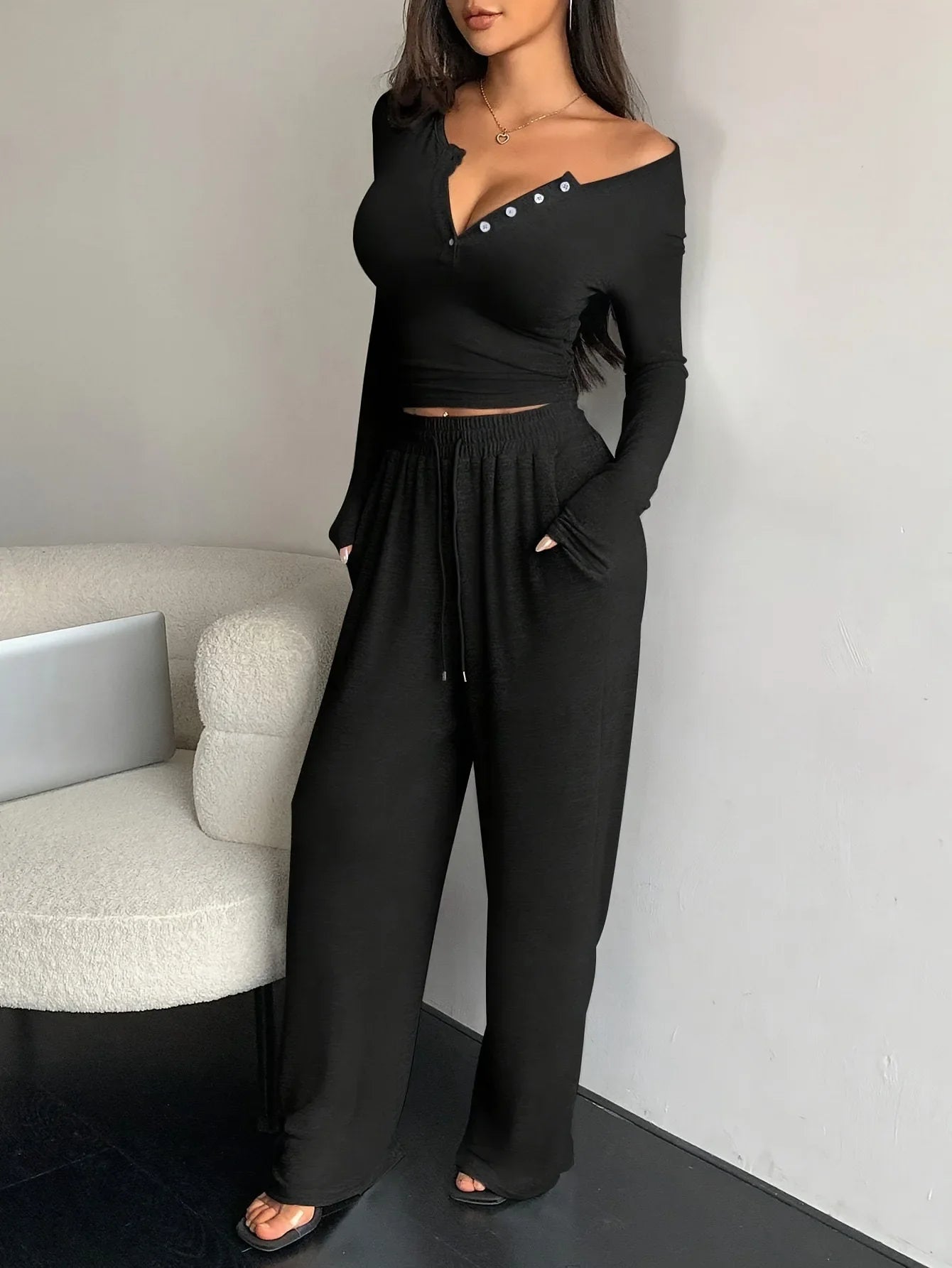 Two Piece Sets Women Pants Set Tracksuit Full Sleeve Sheath V Neck Tops Lace Up Elastic Waist Wide Leg Long Pants Casual Loose