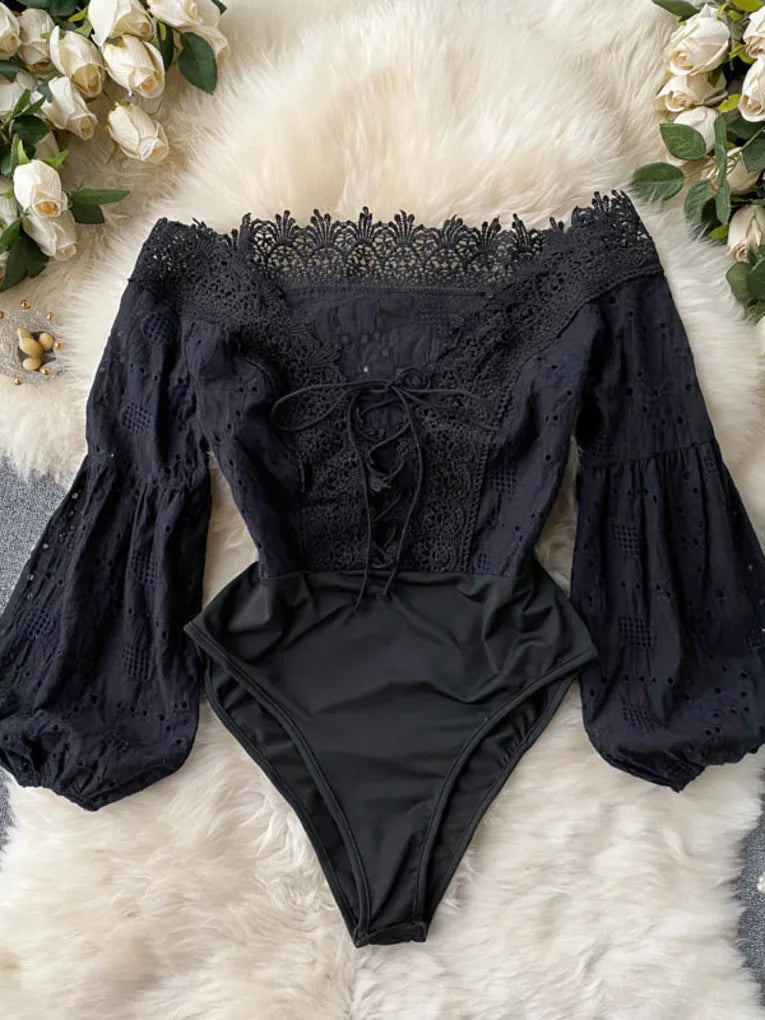 Women's Bodysuits 2025 Summer Autumn Ins Hollow Lace Spliced Lace-up V-neck Off Shoulder Lantern Sleeve Sexy Club Body Suits