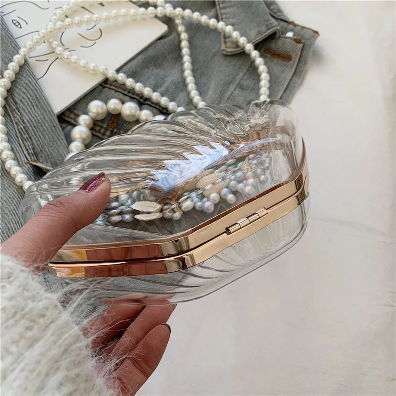 Evening Bags for Women 2023 New Transparent Shell Bag Clutch Box Handbags Pearl Chain Crossbody Bag Acrylic Purse Shoulder Bag