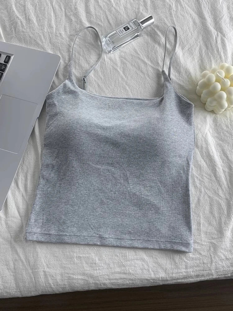2025 Women With Built In Bra Spaghetti Strap Tanks Summer Camis Tank Casual Tops For Woman Solid Color Female Korean Style