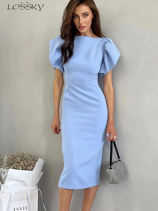 Elegant Bodycon Midi Dresses For Women Summer Casual Ruffle Sleeve Slit Office Dress Fashion Chic Blue New In Dresses 2025