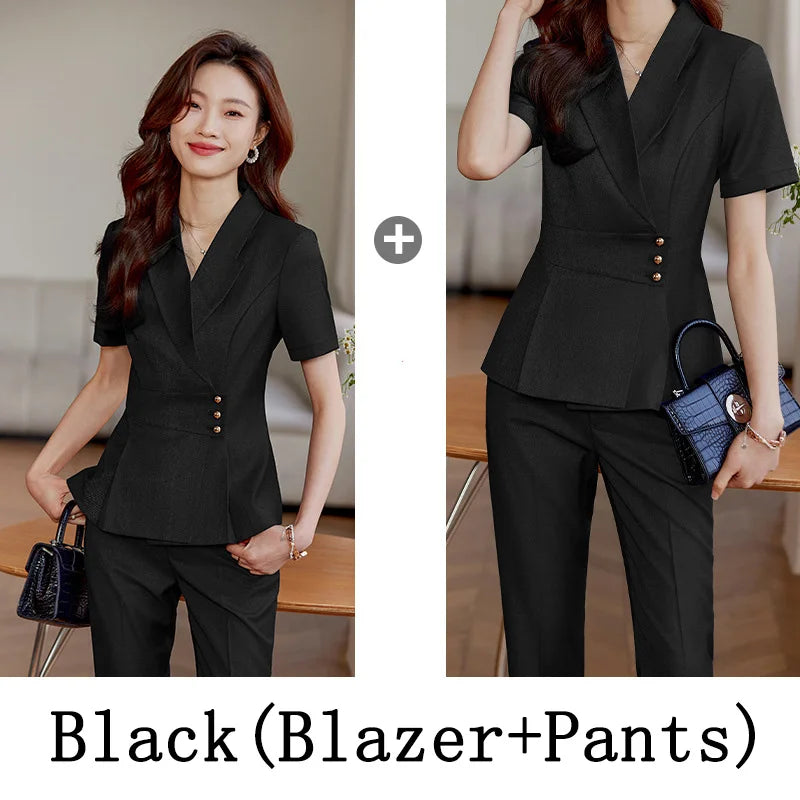High End Office Ladies Formal Skirts Suits Women Summer 2024 New Korean Fashion Solid Long Sleeve Blazer Trousers 2 Piece Set